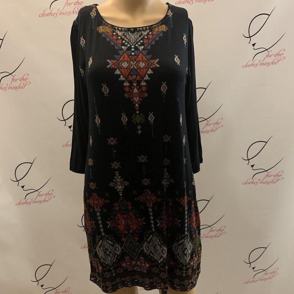 Cha Cha Vente. Size Small. Border Aztec Stretch Rayon Blend Tunic Dress. B64